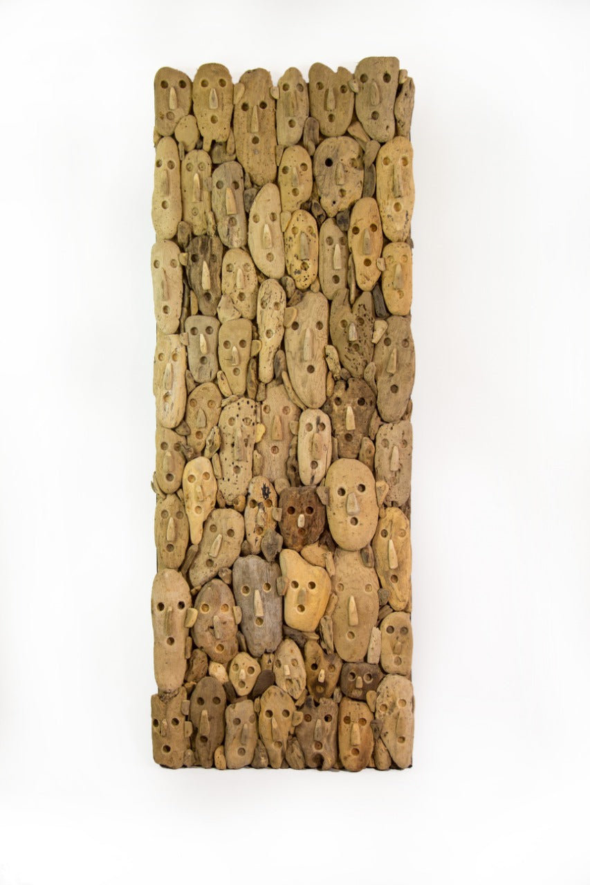 Recycled teak sculpture Primitive Face – boho decor, handwoven and handmade in Bali