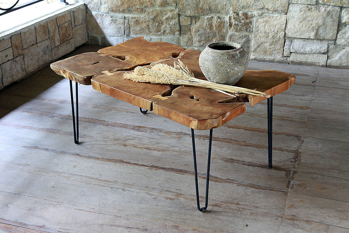 Teak coffee table – Tree Slices Pieces, natural natural materials in boho style