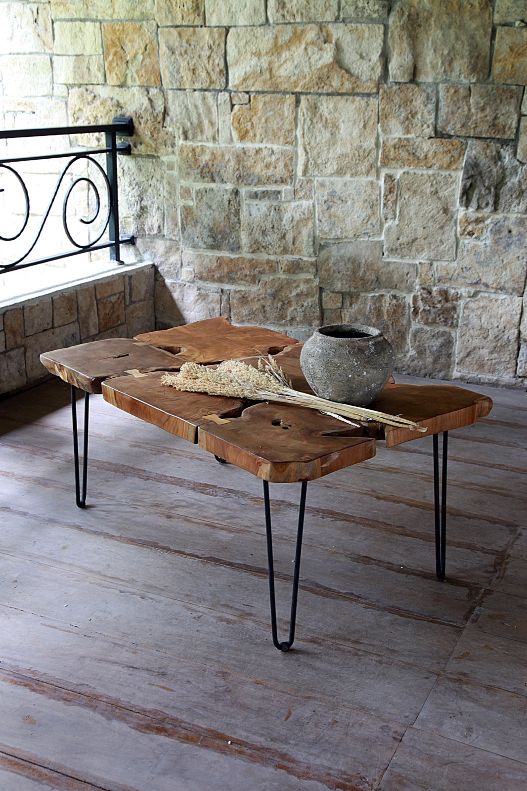 Teak coffee table Tree Slices Pieces – boho furniture handcrafted in Bali by BaliSouk