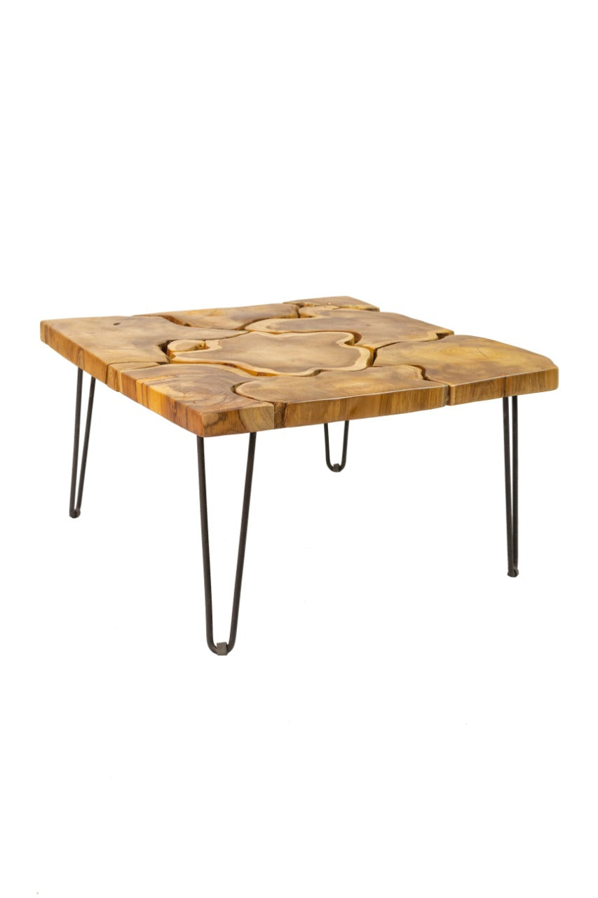 Teak coffee table Tree Slices – boho furniture, handwoven and handmade in Bali