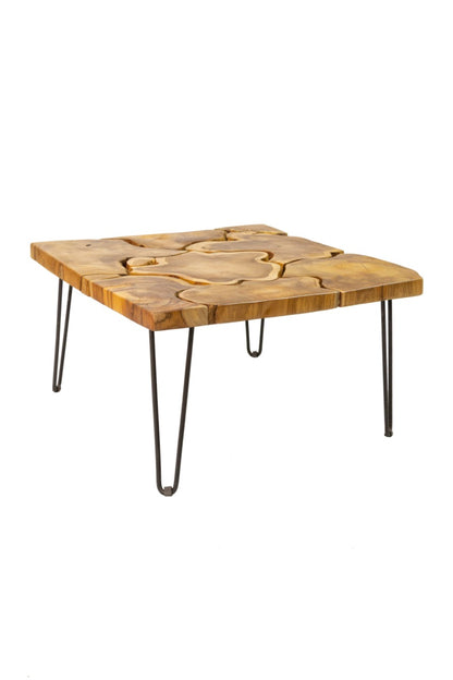 Teak coffee table Tree Slices – boho furniture, handwoven and handmade in Bali