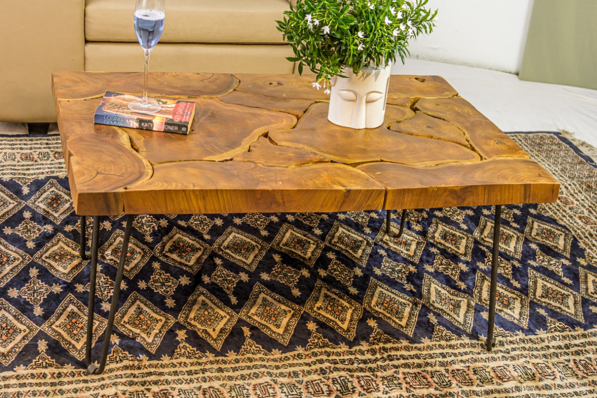 Teak coffee table Tree Slices – boho furniture, handwoven and handmade in Bali