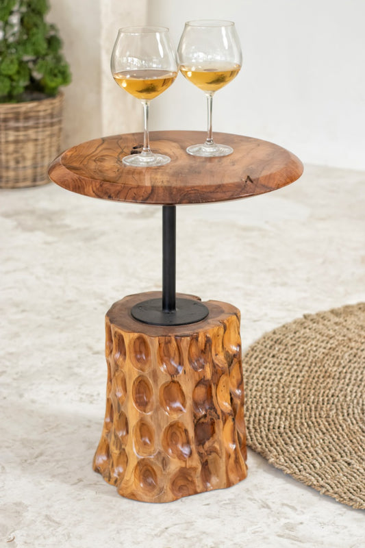Boho solid teak and iron side table Kenzie with iron connecting, handcrafted in Bali