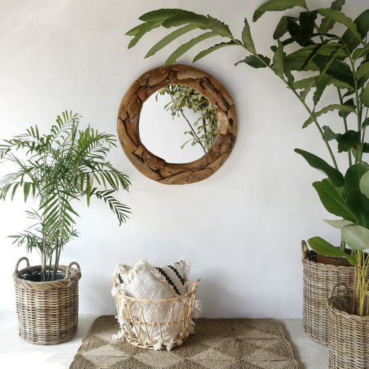 Boho reclaimed teak mirror Primitive Round, set of 2, crafted by hand in Bali
