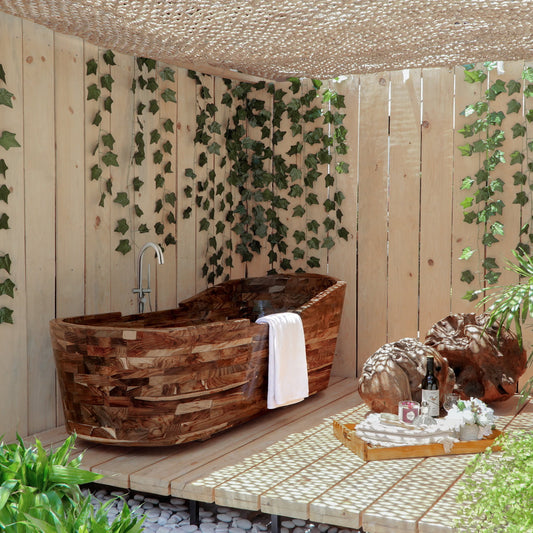 Boho antique solid wood bathtub Venice, handcrafted in Bali for indoor spaces