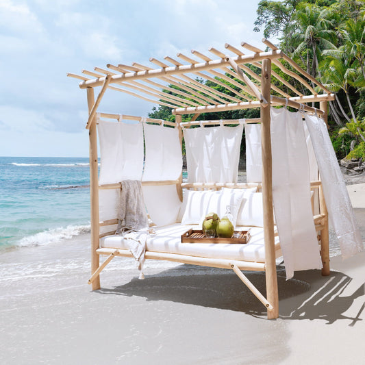 Boho solid teak daybed Barbados with white mattress, 6 pillows and curtains, handmade in Bali