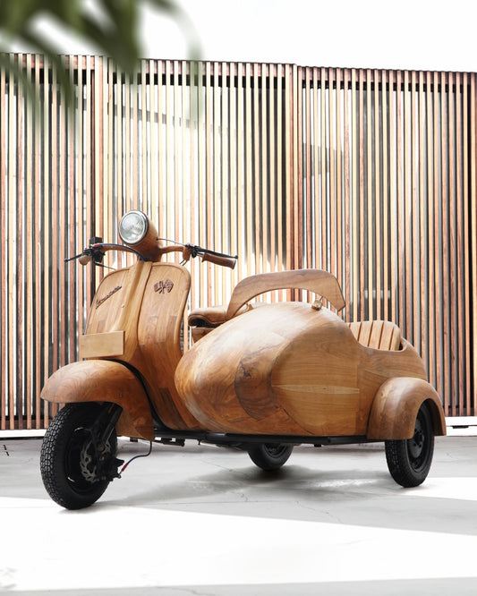 Boho solid teak sculpture Vespa Scooter Douuble with side car and machine, handcrafted in Bali