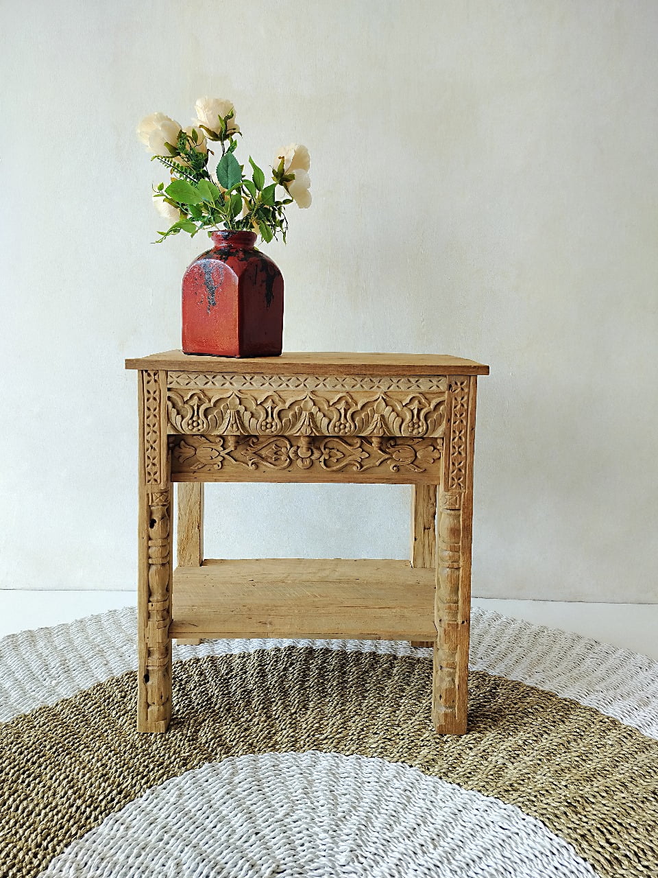 Recycled teak side table Bugis – boho furniture, handwoven and handmade in Bali