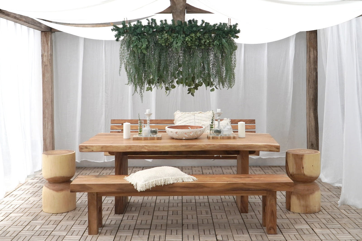 Suar wood bench Mentawai Wax – boho furniture, handwoven and handmade in Bali