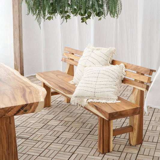 Boho suar wood bench Mentawai with backrest natural wax, handcrafted in Bali