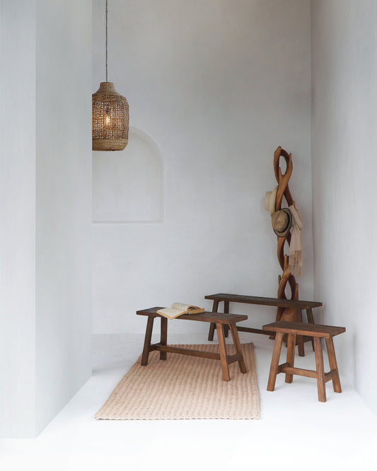 Boho brown antique reclaimed teak bench Scandinavian Medium, set of 2, handcrafted in Bali