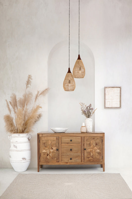 Boho reclaimed teak sideboard Buton with 2 doors and 3 drawers, handmade in Bali