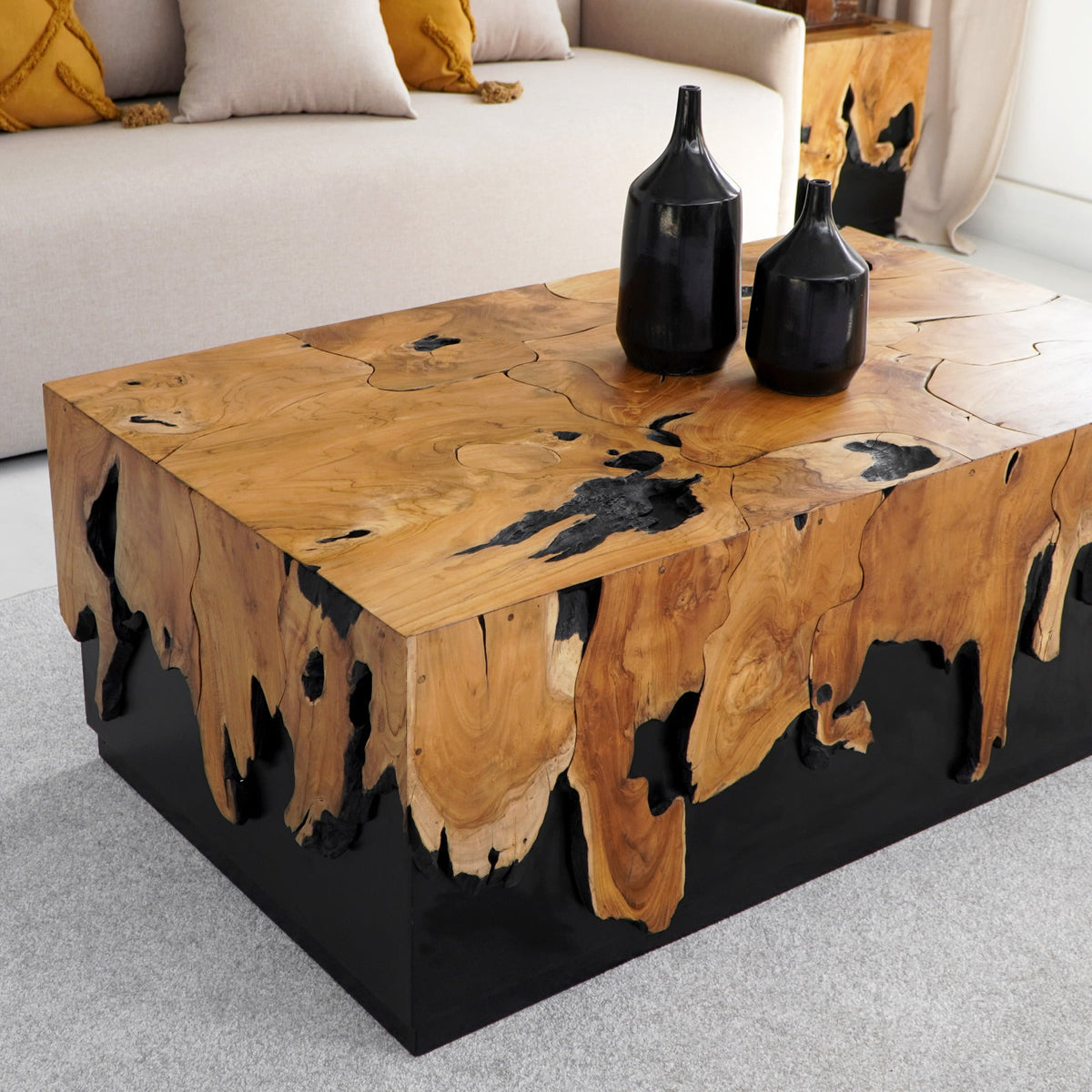 Teak coffee table Julius Waterfall – boho furniture, handwoven and handmade in Bali