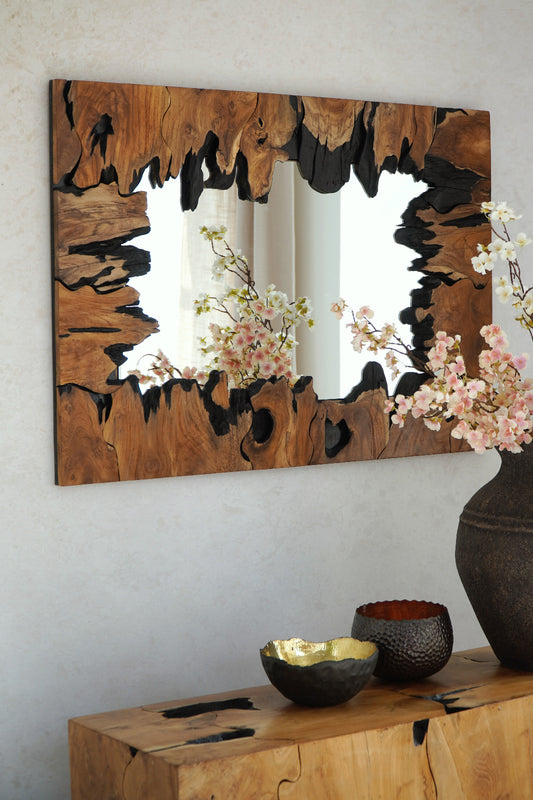 Boho solid teak and glass mirror Julius Waterfall, handmade in Bali