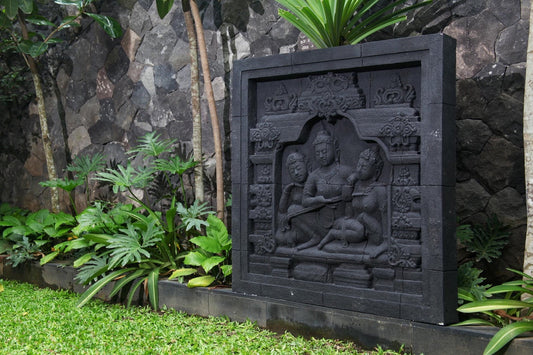 Boho concrete wall decor piece Tamansari Relief, crafted by hand in Bali