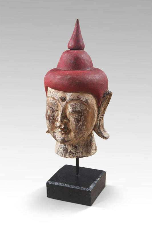 Boho albasia wood and stone sculpture Buddha Head On Stand, handcrafted in Bali