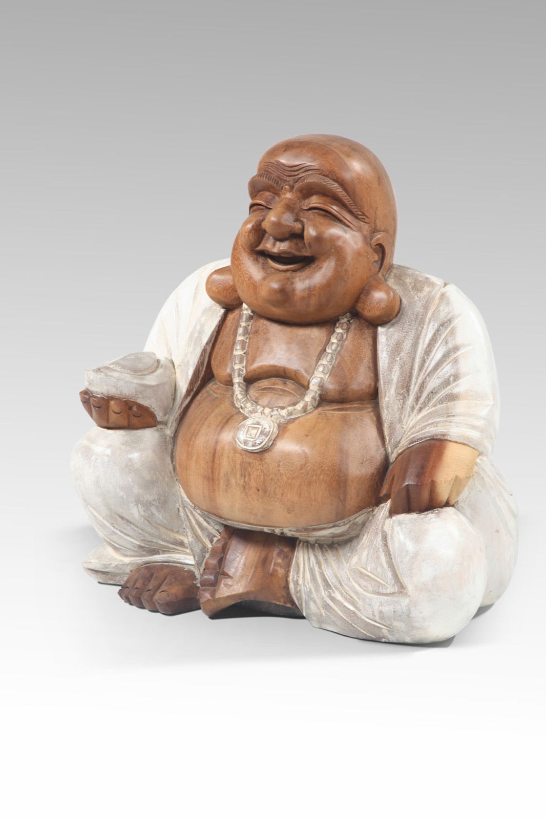 Suar wood sculpture – Happy Buddha, natural natural materials in boho style