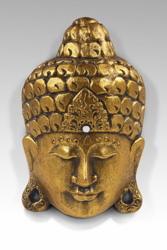 Boho albasia wood and terracotta wall decor piece Buddha, crafted by hand in Bali