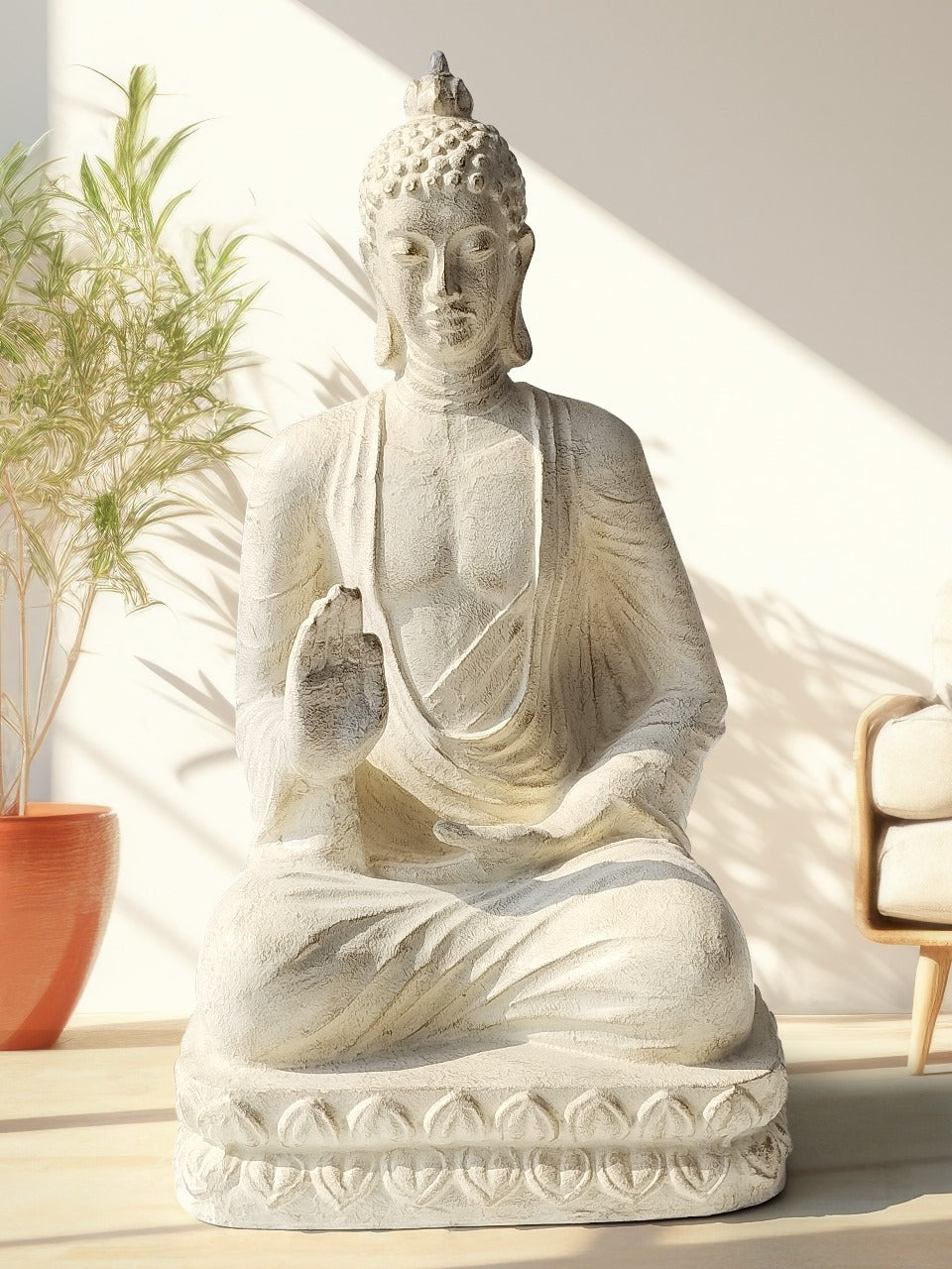 Resin sculpture Buddha Sitting – boho decor, handwoven and handmade in Bali