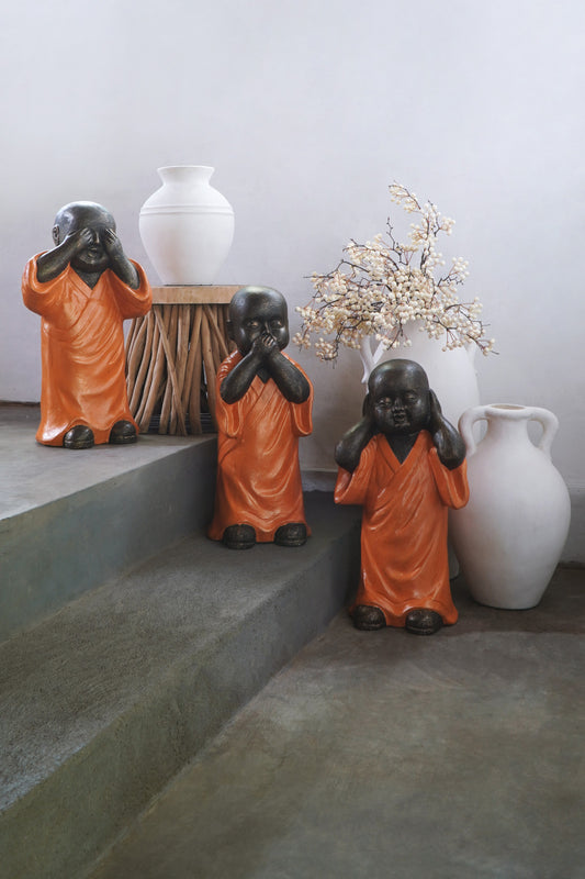 Boho concrete and glass sculpture Shaolin No Speak, No See, No Hear, set of 3, crafted by hand in Bali