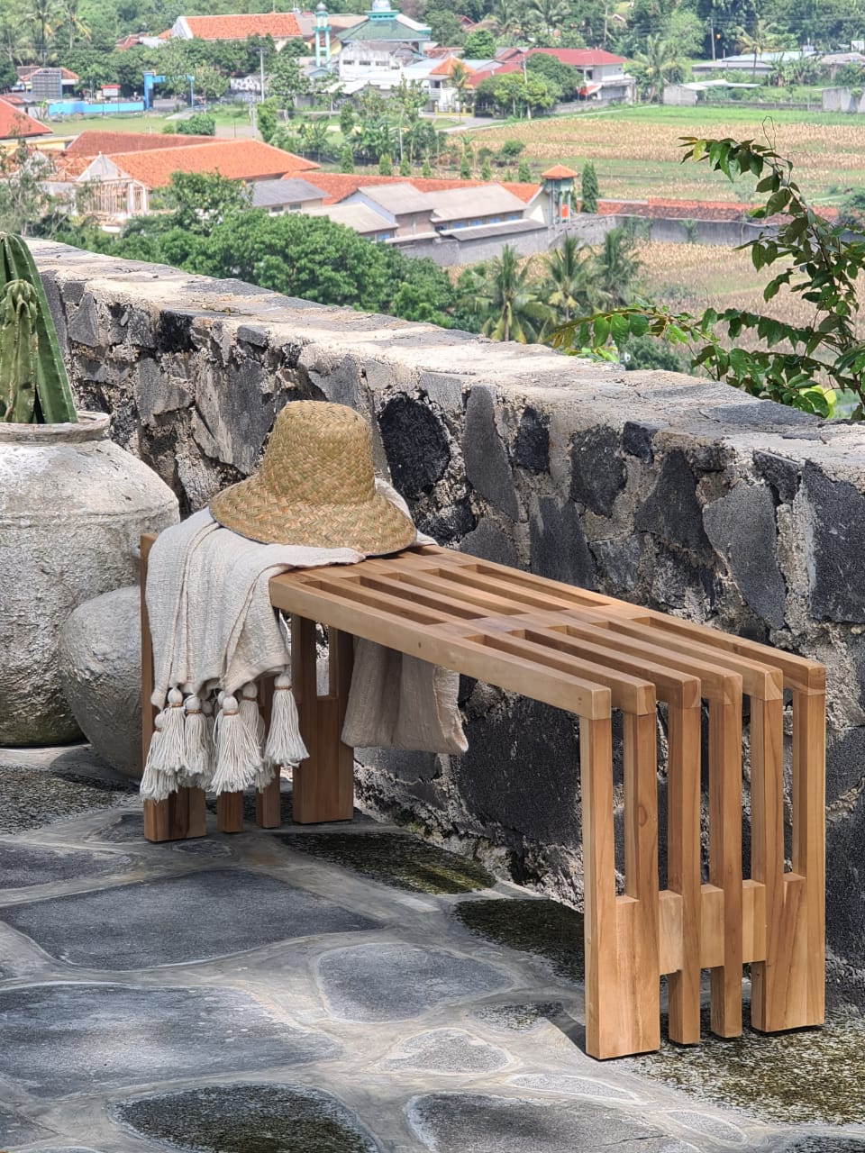 Teak bench Linea – boho furniture, handwoven and handmade in Bali
