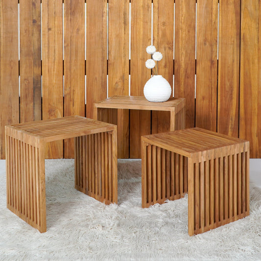 Boho solid teak side table Linea, set of 3, crafted by hand in Bali