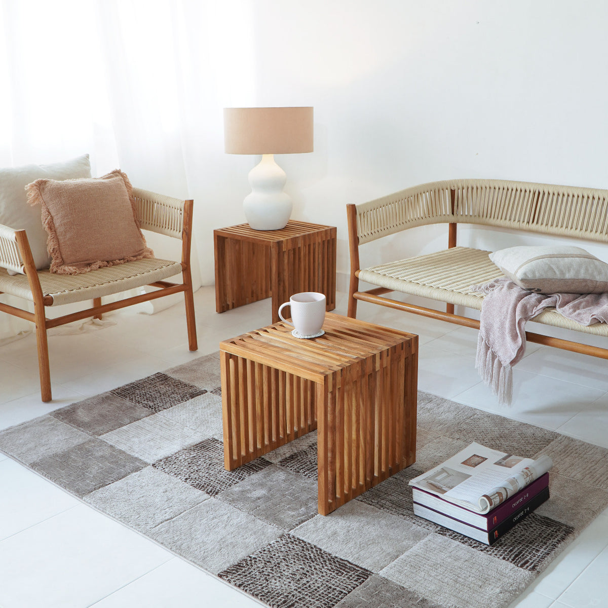 Teak side table Linea – boho furniture, handwoven and handmade in Bali