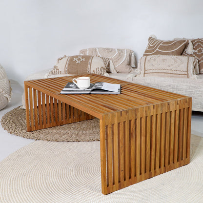 Teak coffee table Linea – boho furniture, handwoven and handmade in Bali