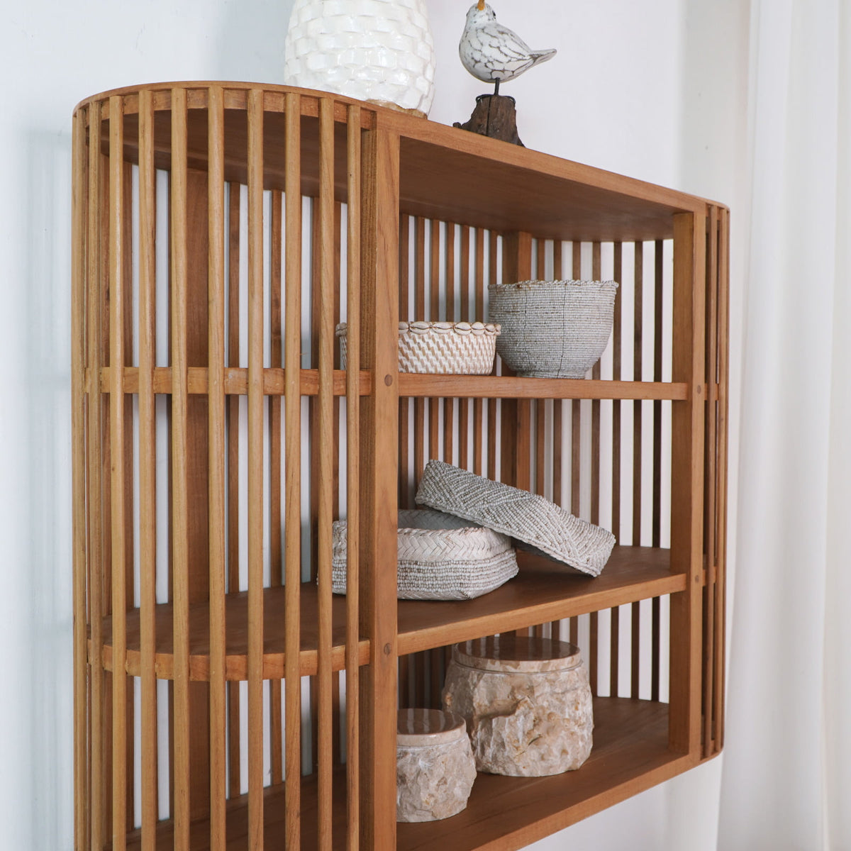 Teak hanging shelf Linea – boho furniture, handwoven and handmade in Bali