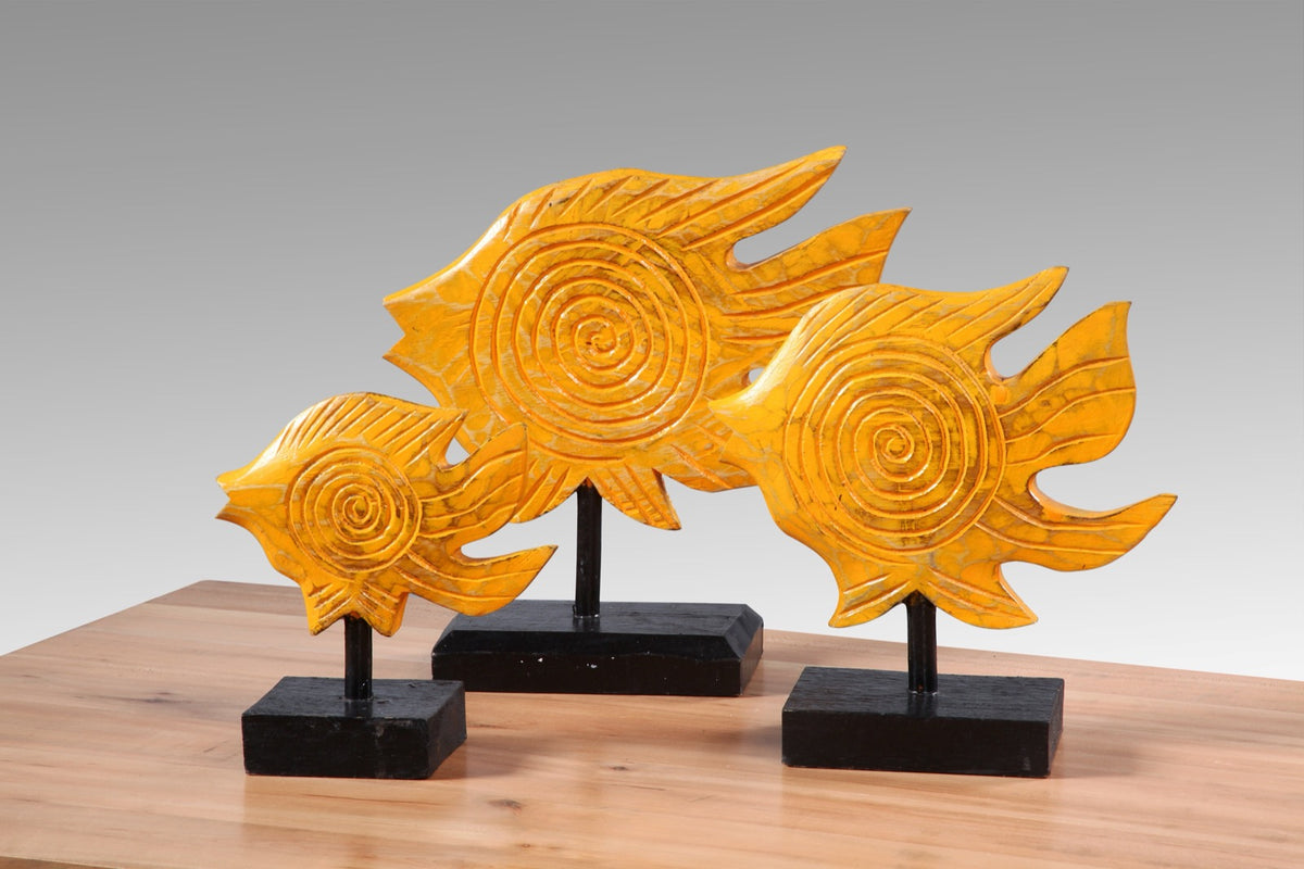 Yellow Fish sculpture in natural materials – handmade boho decor from Bali