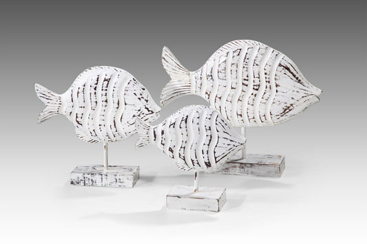 Boho albasia wood sculpture White Fish On Stand, handmade in Bali