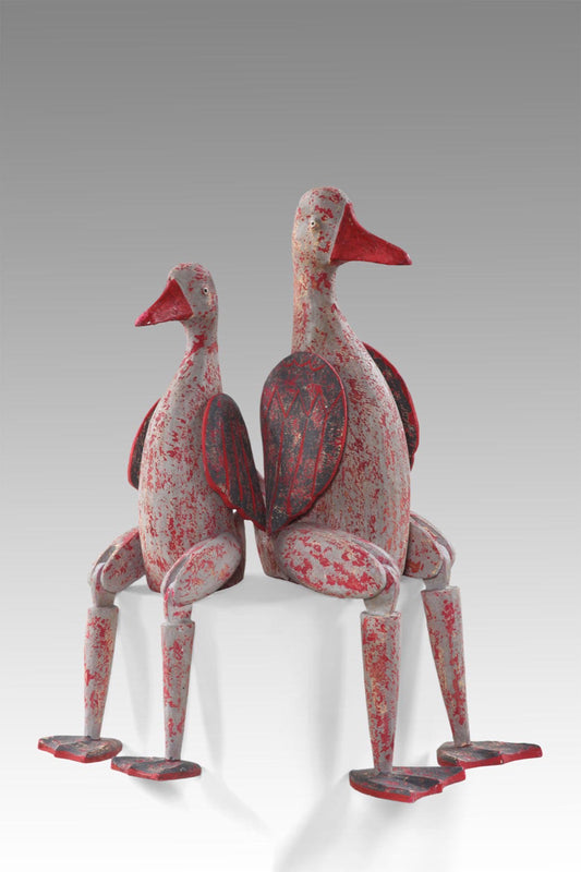 Boho albasia wood sculpture Sitting Red Duck, handmade in Bali