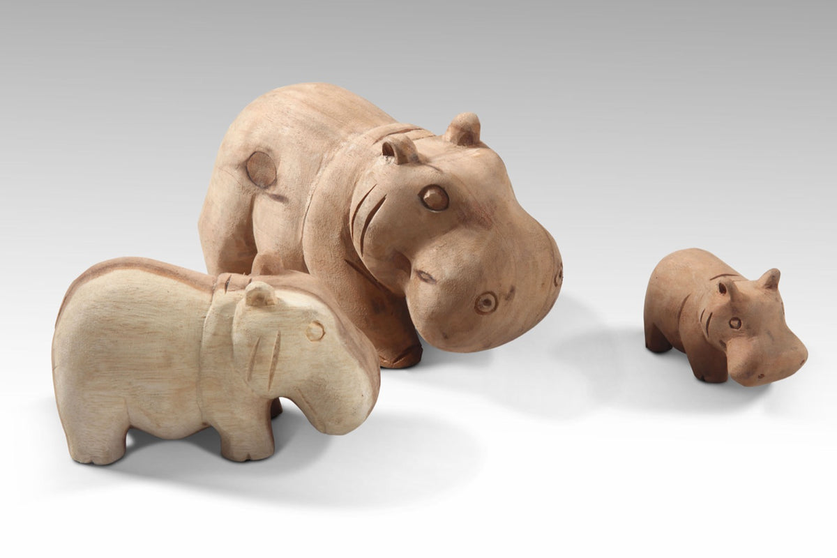 Handmade suar wood decorative piece – the Hippopotamus Family, boho decor made in Bali