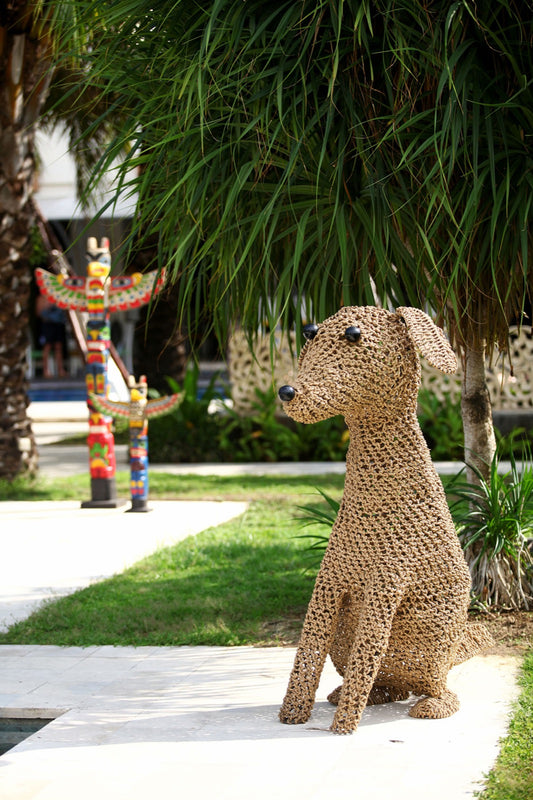 Boho seagrass and iron sculpture Big Dog, crafted by hand in Bali