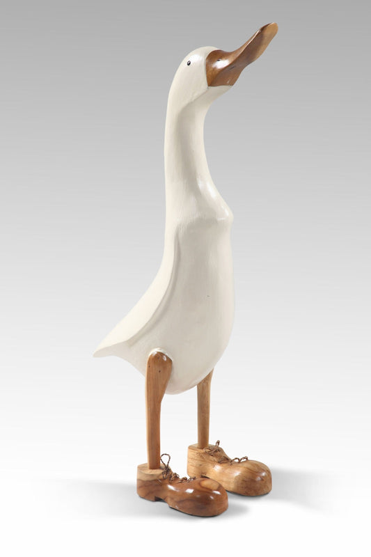 Boho solid teak sculpture Look Up Duck, handcrafted in Bali for the home