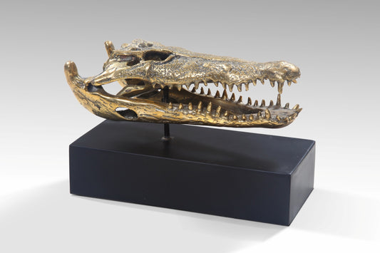 Small bronze Crocodile Golden Skull sculpture in gold, made in Bali