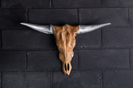 Boho solid teak and aluminium sculpture Virginia Cow Head Silver, handcrafted in Bali