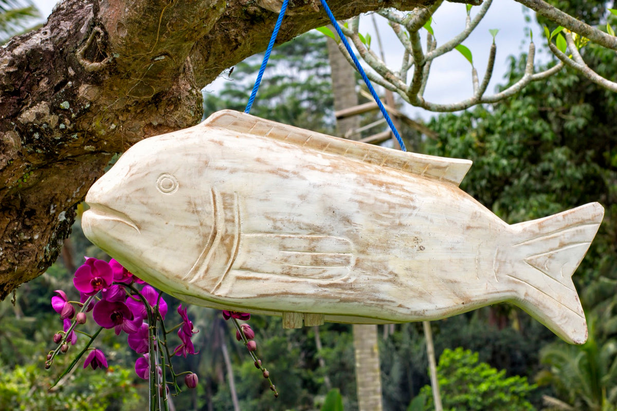 Fish Bell sculpture in natural materials – handmade boho decor from Bali