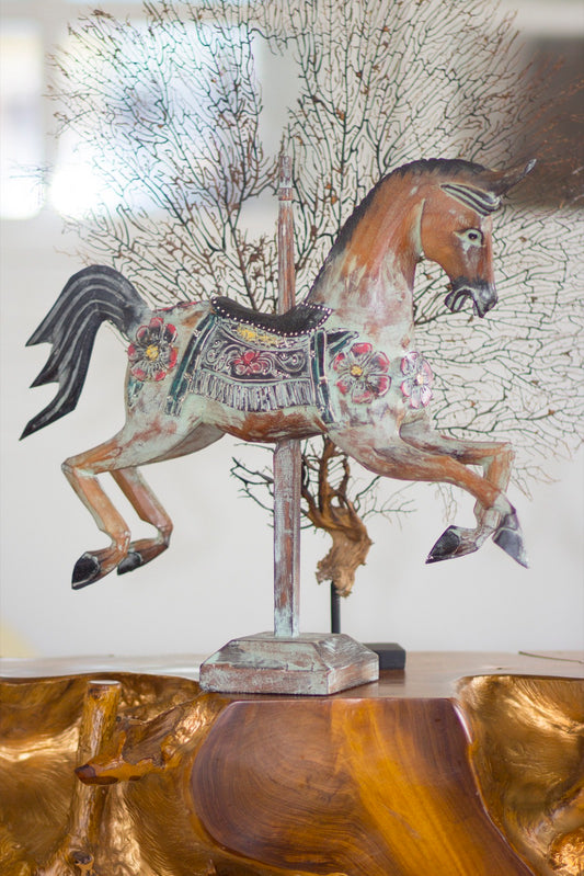 Boho antique albasia wood sculpture Horse On Stand, handcrafted in Bali