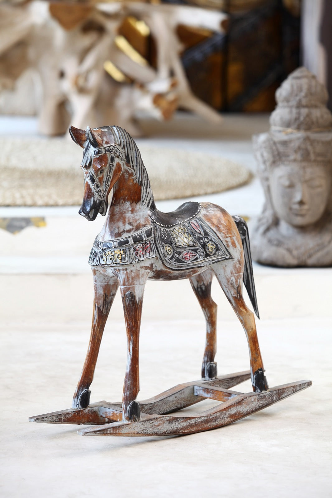 Handmade albasia wood sculpture – the Rocking Horse, boho decor made in Bali