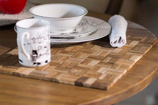 Boho solid teak and cotton placemat, handcrafted in Bali for the home