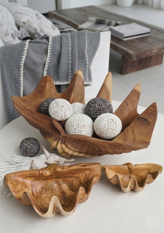 Boho suar wood sculpture Suar Shell without stand, set of 3, handmade in Bali