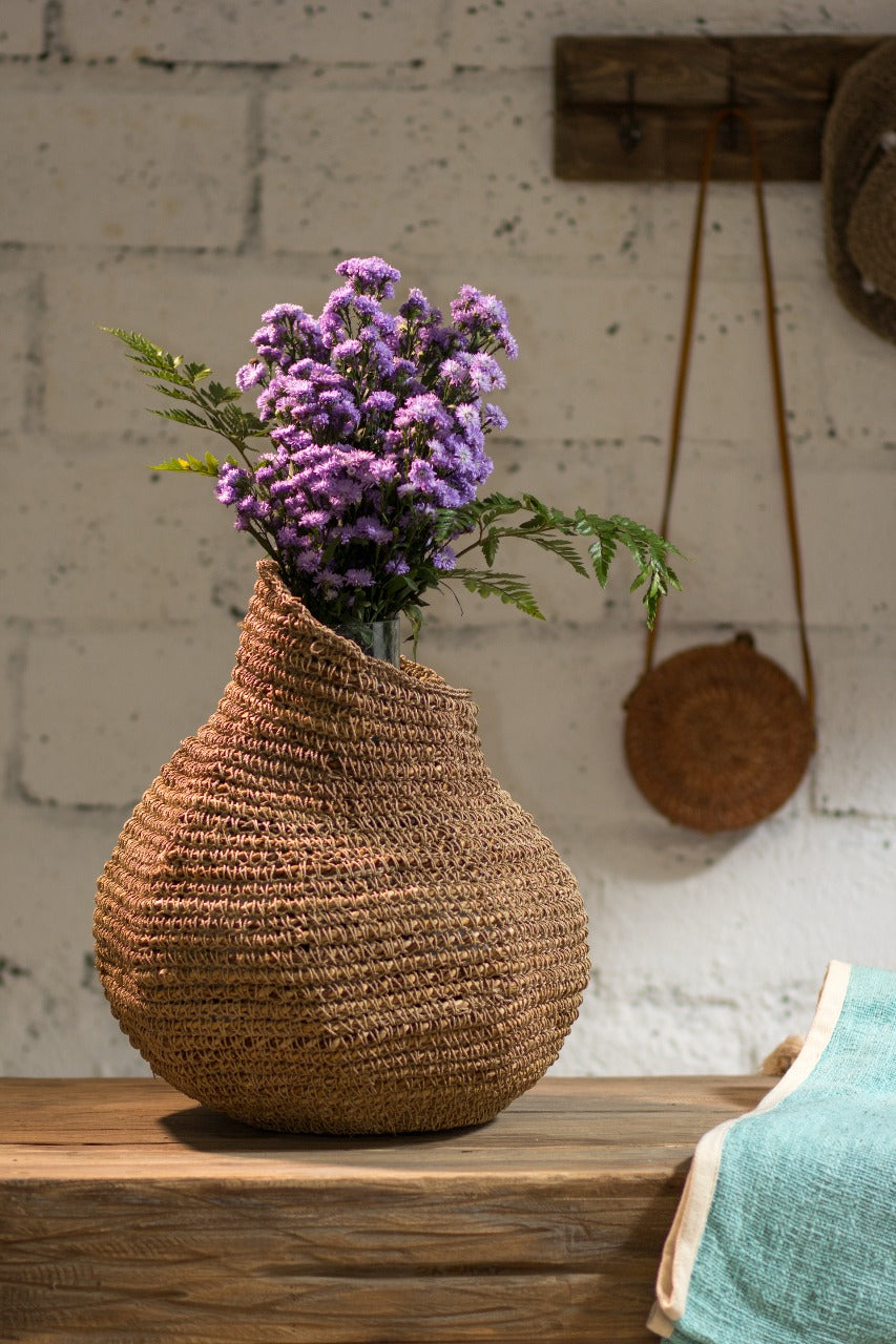 Seagrass vase – Wooden Vase Deco – boho decor handmade in Bali by BaliSouk