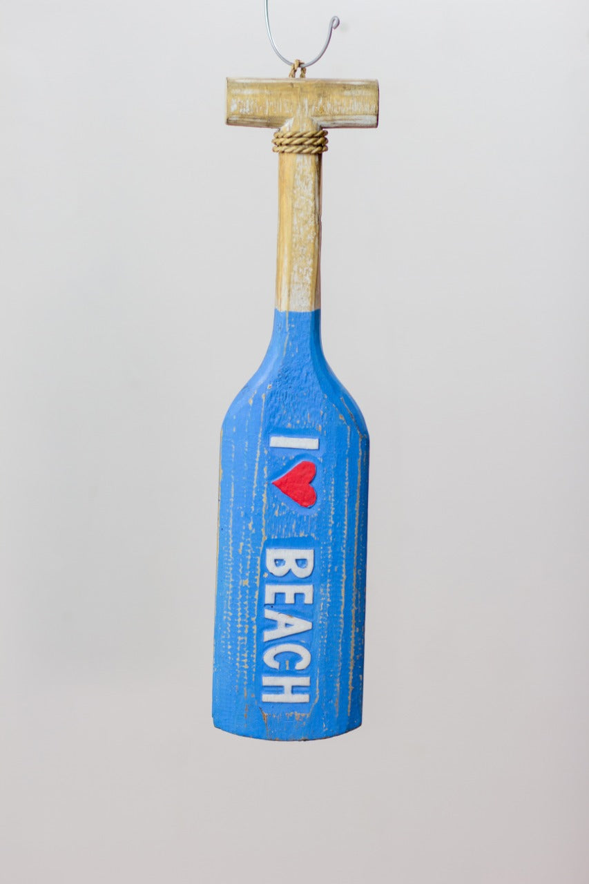 Albasia wood decorative paddle Small Paddle " I Love Beach" – boho decor, handwoven and handmade in Bali