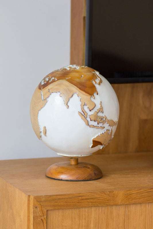 Boho white natural solid teak sculpture Globe, handcrafted in Bali