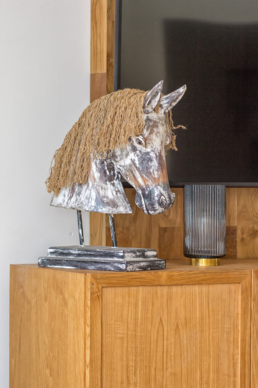 Handmade albasia wood sculpture – the Horse Stand, boho decor made in Bali