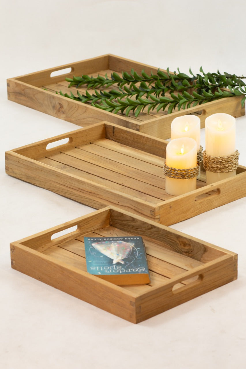 Teak tray Tray Set 3 – boho decor handcrafted in Bali by BaliSouk