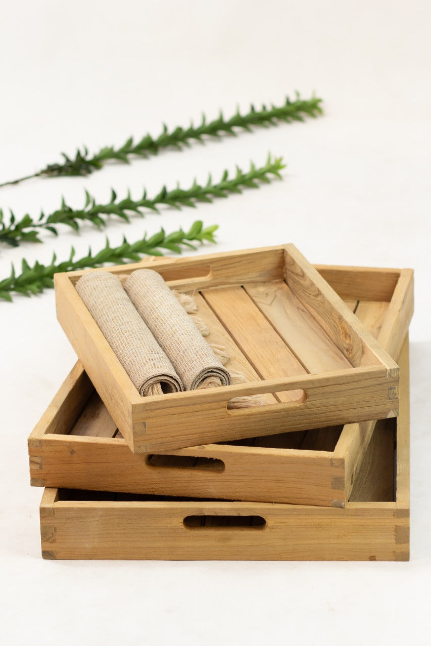 Teak tray Tray Set 3 – boho decor, handwoven and handmade in Bali