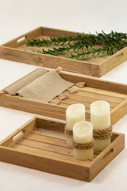Teak tray – Tray Set 3, natural natural materials in boho style