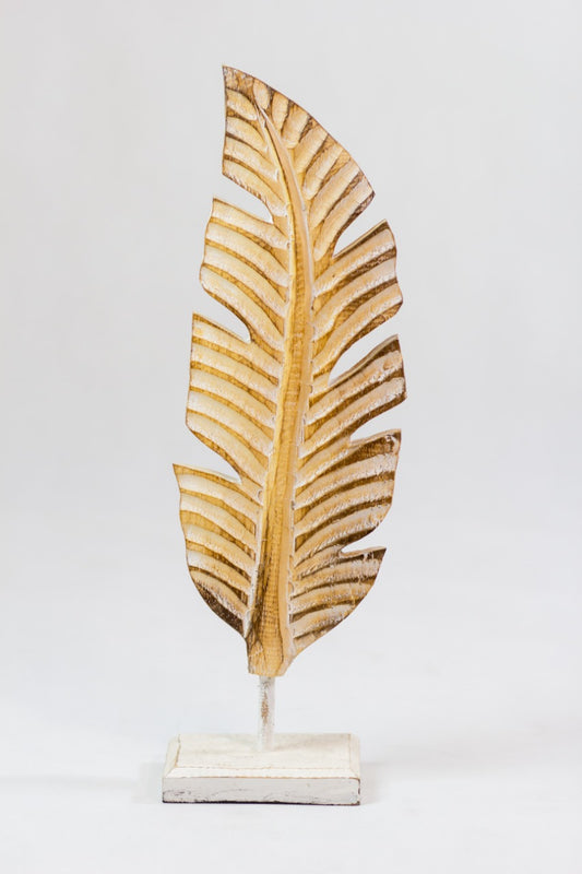 Boho solid wood sculpture Leaf On Stand, handcrafted in Bali